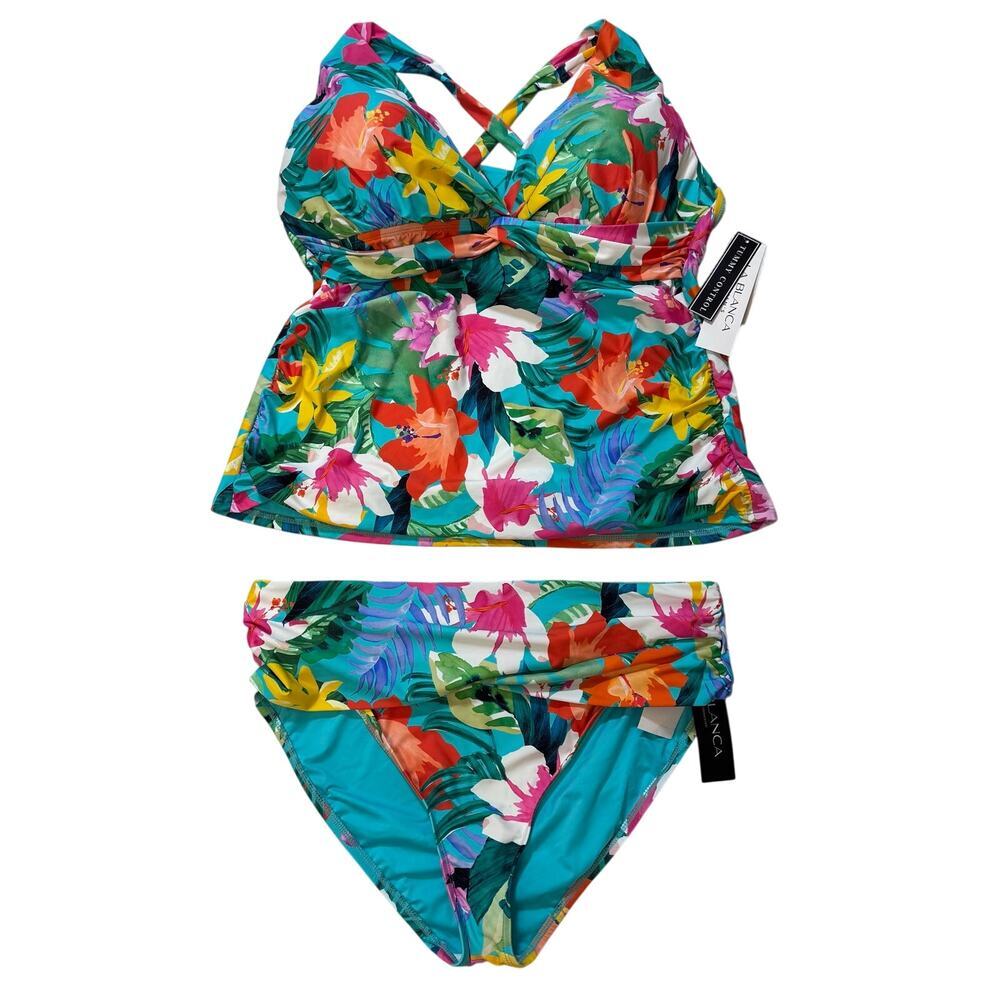 NWT La Blanca 2 piece Floral Tankini & bottom Set Padded Tummy Control Size 16